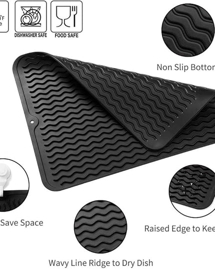 Silicone Dish Drying Mat for Multiple Usage,Easy clean,Eco-friendly,Heat-resistant Silicone Mat for Kitchen Counter or Sink,Refrigerator or drawer liner Black L 16 inches x 12 inches