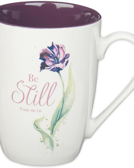 Christian Art Gifts Encouraging Scripture Ceramic Coffee & Tea Mug for Women: Be Still & Know Inspirational Psalm Bible Verse, Microwave & Dishwasher Safe, Novelty Cup, White & Purple Floral, 12 oz.