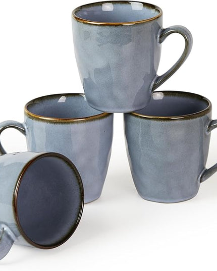 famiware Coffee Mugs Set of 4, Ocean Round 11.5oz Coffee Cup Set with Handle for Cocoa, Milk, Hot Chocolate, Tea or Water, Stoneware Cups for Kitchen, Reactive Glaze, Microwave Dishwasher Safe, Blue