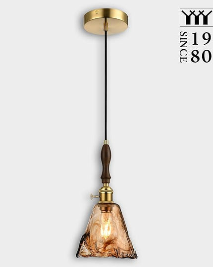 Modern Amber Glass Pendant Light, 6"x11.5" Floral Bell-Shaped Hanging Light with Wood Handle & Brass Cap, 15"-72" Adjustable Line, E26 Socket – Golden Amber Morning Glory