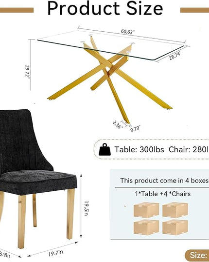 Rectangle Glass Dining Table Set for 4, 60'' Kitchen Table and Chairs Set, 5PCS Modern Dining Room Table Set with 4 Dining Chair for Home