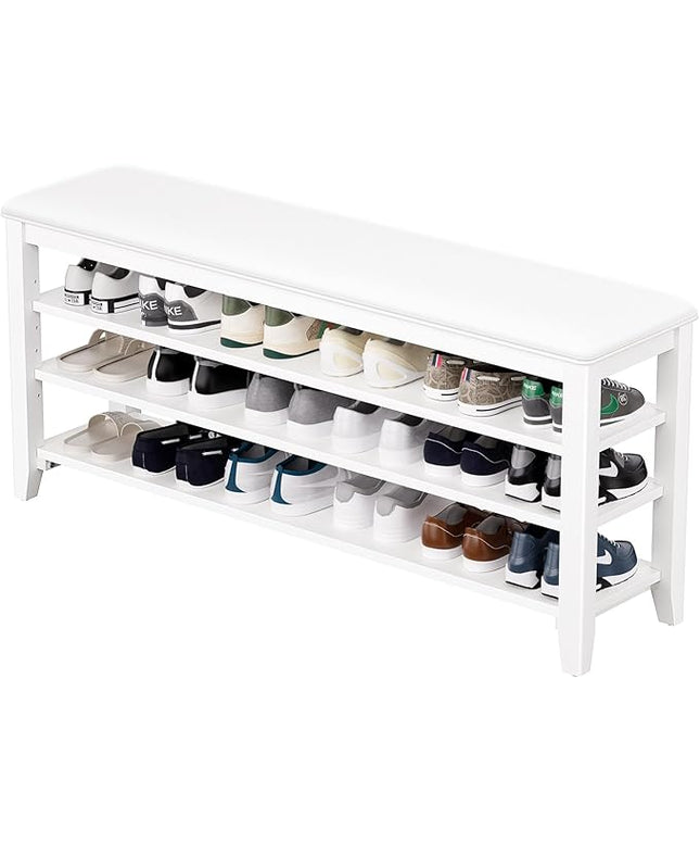 Shoe Bench Storage Rubberwood with Leather Cushion for Entryway Bench Ideal for Hallways Shoe Rack Front Doors Entrances Mudrooms Featuring 3 Height-Adjustable and Removable Shelves