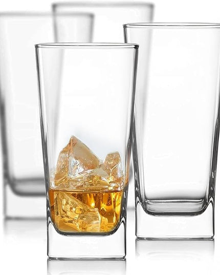 Le'raze Set of 4 Everyday Drinking Glasses - Square Tall Glass Cups Drinkware Kitchen Collins Glasses for Cocktail, Iced Coffee, Beer, Ice Tea, Wine, Whiskey, Water Glassware Sets