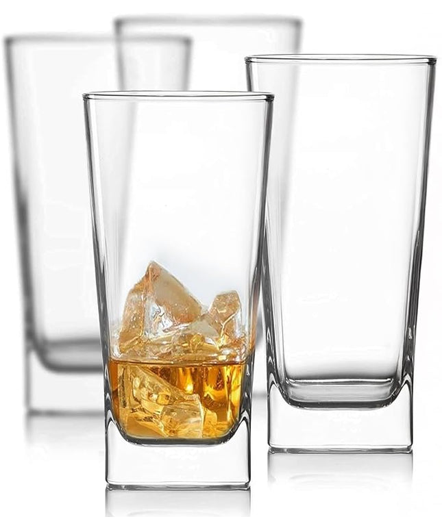 Le'raze Set of 4 Everyday Drinking Glasses - Square Tall Glass Cups Drinkware Kitchen Collins Glasses for Cocktail, Iced Coffee, Beer, Ice Tea, Wine, Whiskey, Water Glassware Sets