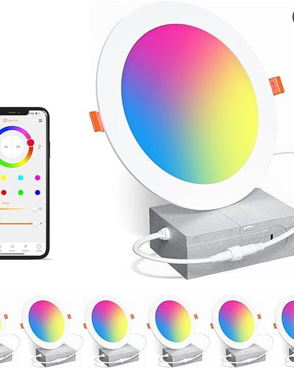 Smart Recessed Lighting 6 Inch RGBCW Color Changing 16W LED Downlight with Junction Box,1350 Lumen Recessed Ceiling Light Compatible with Alexa,Dimmable by Bluetooth Control -6Pack