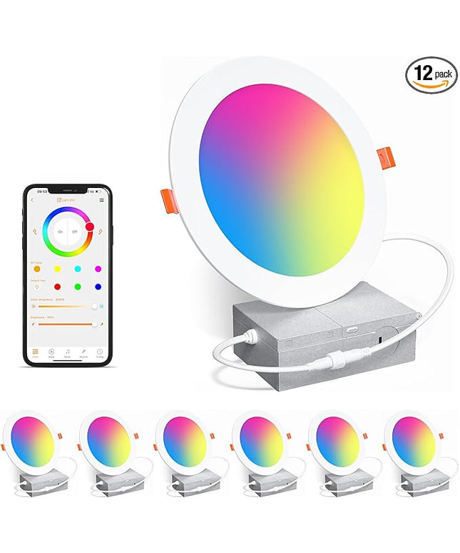 Smart Recessed Lighting 6 Inch RGBCW Color Changing 16W LED Downlight with Junction Box,1350 Lumen Recessed Ceiling Light Compatible with Alexa,Dimmable by Bluetooth Control -6Pack