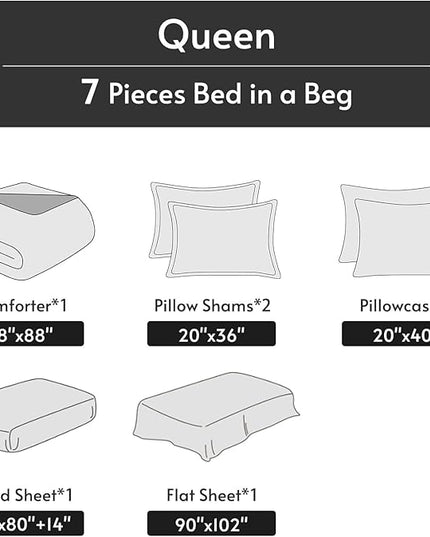 MUXHOMO 7 Pieces Queen Comforter Set, Reversible Bed in a Bag Queen Size, All Season Bedding Set with Comforter, Flat Sheet, Fitted Sheet, Pillowcases & Shams, Light Grey & Beige