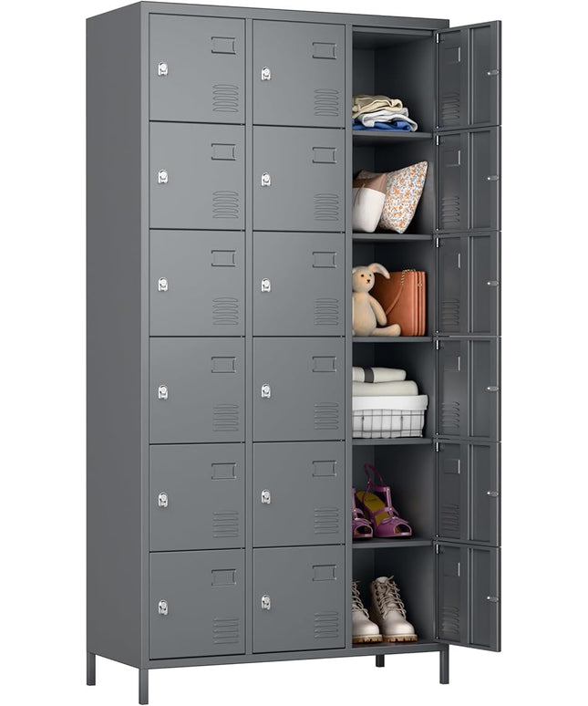 Aobabo 18 Doors Metal Locker for Employees,Metal Storage Locker Cabinet with Lock and Leg, for Office Garage School Home Industrial, Assembly Required, Dark Grey