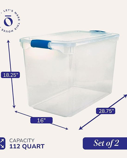 HOMZ 2-Pack Latching Lid, Clear Plastic Storage Organizer Bins, 112 Quart, Blue Latch - Stackable Organizing Containers for Home, Garage, and Office