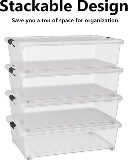 50 Quart Multipurpose Under Bed Storage Container Bins with Secure Latch Lid & Wheels, Underbed Storage Organizer Box, 3-Pack, Clear
