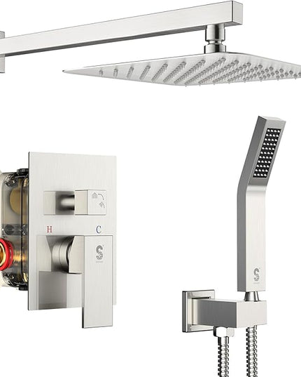 SR SUN RISE Shower Faucet Set Bathroom Square Rain Shower Head with Handheld Spray Wall Mounted Rainfall Shower Fixtures Brushed Nickel Shower Faucet Trim Repair Kits (Contain Shower Valve)10 Inches