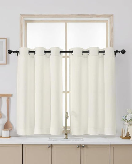 Chyhomenyc Ivory Curtains 36 Inch Length, Light Filtering Faux Linen Textured Small Kitchen Window Curtains Over Sink, Thick Grommet Short Cafe Curtain for Cabinet Bathroom Basement, 40Wx36L, 2PCS