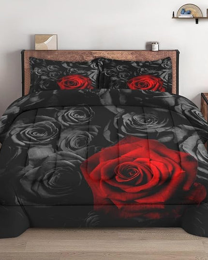 Full Size Comforter Set with 2 Pillowcases, Red Rose Flower 3 Pcs Bedding for Kids and Adults, Summer Vintage Floral Soft Comforter Set for Bedroom Bed Decor