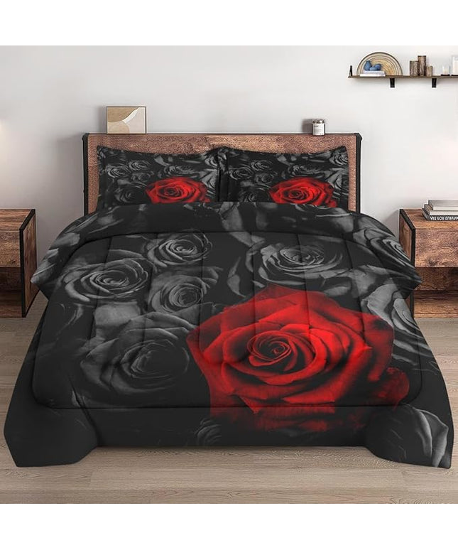 Twin Size Comforter Set with Pillowcase, Red Rose Flower 2 Pcs Bedding for Kids and Adults, Summer Vintage Floral Soft Comforter Set for Bedroom Bed Decor