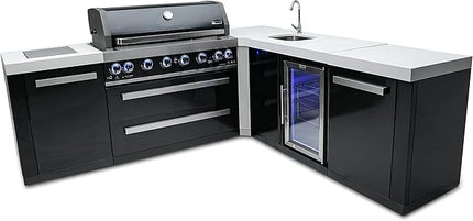 Mont Alpi MAi805-BSS90BEV Burner 115000 BTU L-Shaped 90 Degree Corner Black Stainless Steel Gas Modular Outdoor Kitchen Island BBQ Grill with Beverage Center Refrigerator + 2 Infrared Burners +Storage
