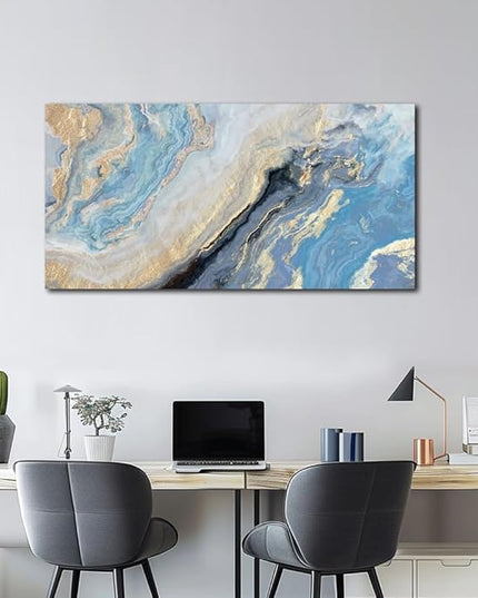 Abstract Canvas Wall Art Decor for Living Room Blue Gold Marbling Pictures Painting for Bedroom Modern Abstract Canvas Art Ptints for Bathroom Office Home Decorations