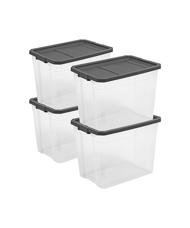 Sterilite 4-Pack Modular Stacker Box, Durable Clear Plastic Storage Bins with Latching Lids, 108 Quart - Stackable Organizing Container Boxes for Closet, Bathroom, and Office