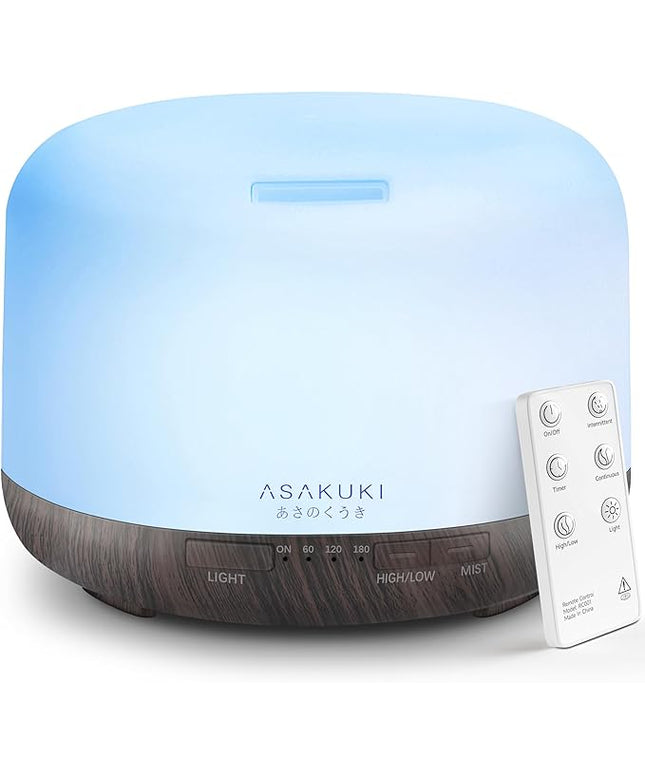 ASAKUKI 500ml Premium, Essential Oil Diffuser with Remote Control, 5 in 1 Ultrasonic Aromatherapy Fragrant Oil Humidifier Vaporizer, Timer and Auto-Off Switch Brown