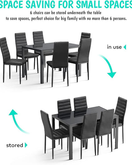 Gizoon Glass Dining Table Sets for 6, 7 Piece Kitchen Table and Chairs Set for 6 Person, PU Leather Modern Dining Room Sets for Home, Kitchen, Living Room