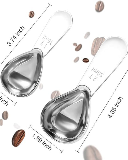 Stainless steel coffee scoop 2-piece set (1 tbsp, 2 tbsp) durable Tablespoon, ergonomic measuring spoon, Suitable for small and large jars，short-handled spoon (Silver)