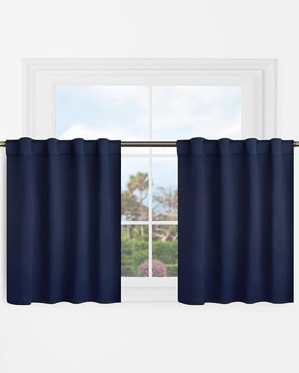 BGment Short Curtains Half Window Curtains for Bedroom - 34 x 24 inch Privacy Blackout Rod Pocket Back Tab Thermal Insulated Energy Saving Kitchen Curtain for Bathroom/Camper/Cafe, 2 Panels, Navy Blue