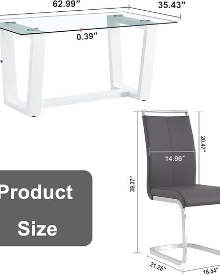 Ebullient Glass Dining Table Set for 6, Modern Dining Table Set for 6, Tempered Glass Tabletop with White MDF Trapezoid Legs, Rectangle Kitchen Table with 6 Faux Leather Chairs for Home, Apartment