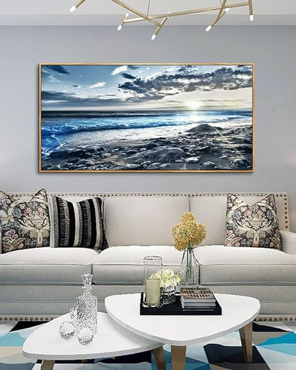 Wood Framed Wall Art For Living Room Large Size Wall Decor For Office Modern Bedroom Wall Decor Blue Beach Sun Ocean Landscape Wall Paintings Seascape Framed Pictures Artwork Home Decor 30" X 60"