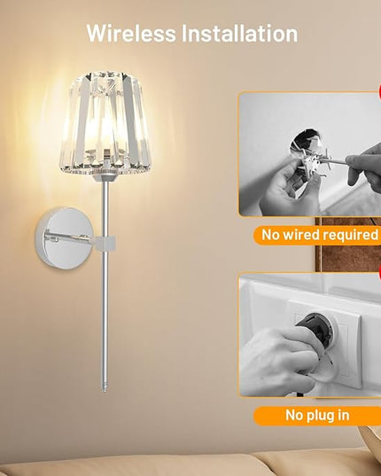 Crystal Battery Operated Wall Sconces Set of 2, Chrome Rechargeable Wireless Wall Lights with Crystal Lampshade, 12 RGB and 3CCT Dimmable Wall Lamps with Remote for Bedroom Living Room Hallway