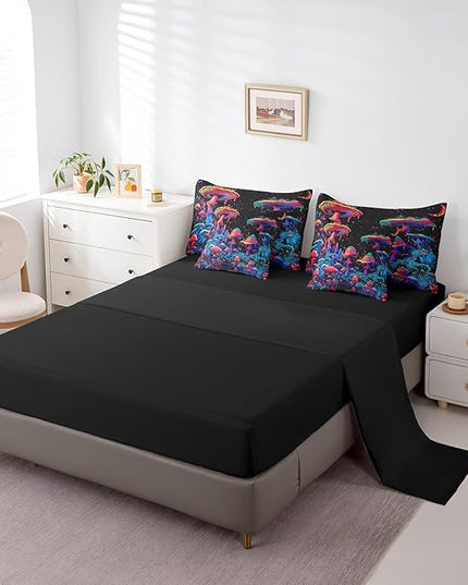 Feelyou Purple Mushroom Comforter Set with Sheets Gradient Mushroom 7 Piece Bedding Set for Kids Boys Girls Botanical Plant Quilt Set Galaxy Star Bed Set Queen Size