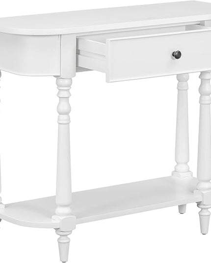 HMFULE Retro Curved Console Table, 36" Solid Wood Half Moon Console Table Sofa Table Entryway Table with 1 Drawer 1 Open Shelf Roman Legs Curved Corners for Living Room,Entryway,Hallway,White