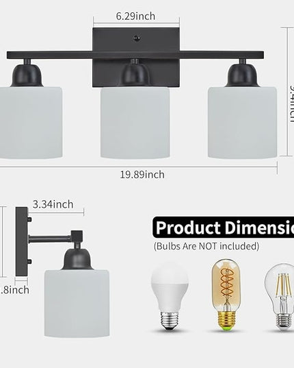 3-Light Bathroom Light Fixtures, Black Bathroom Vanity Lights with Milky White Frosted Glass Shades, Black Vanity Light for Bathroom Mirror, Bedroom, Living Room, Vanity Table, E26 Base