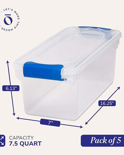 HOMZ 5-Pack Latching Lid, Clear Plastic Storage Organizer Bins, 7.5 Quart, Blue Latch - Stackable Organizing Containers for Home, Garage, and Office