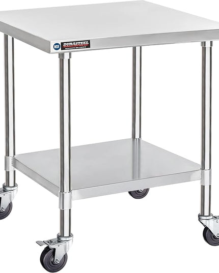 DuraSteel 30x30 NSF Stainless Steel Cart - Heavy Duty Rolling Food Prep Table with Undershelf - Metal Utility Cart for Commercial Restaurant Kitchen, Laundry, Outdoor Portable BBQ Grill