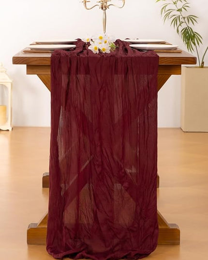 Socomi 10pcs Burgundy Red Christmas Cheesecloth Table Runner Boho Rustic Gauze 120 inch 10FT Cheese Cloth Runner for Wedding Party Baby Shower Birthday Home Decor Holiday Decorations