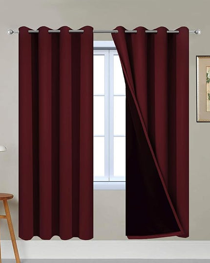 Yakamok 100% Blackout Curtains 72 Inches Long, 2 Thick Layers Completely Blackout Window Treatment Thermal Insulated Lined Drapes for Bedroom(Burgundy Red, 52" Width Each Panel, 2 Panels)