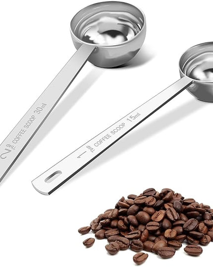 Coffee Scoop Set, Tablespoon Scoop 2 Pc Set (1 Tbsp & 2 Tbsp), Stainless Steel Measuring Spoons for Ground Coffee with Long Handles, for Tea, Sugar, or Flour