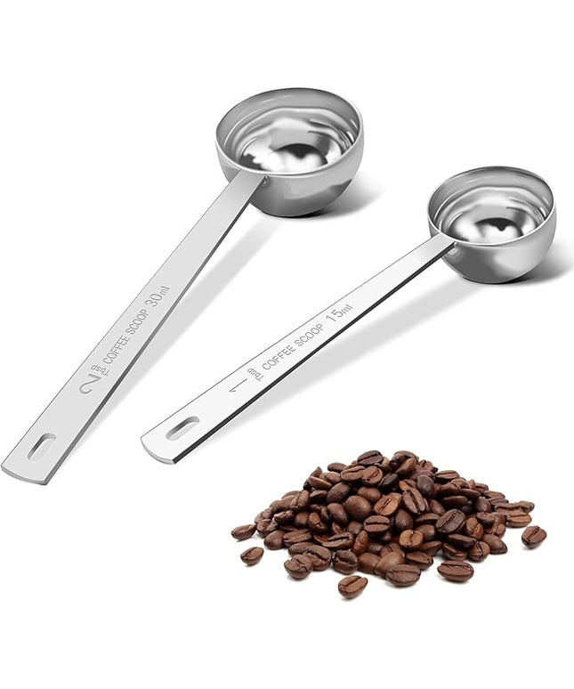 Coffee Scoop Set, Tablespoon Scoop 2 Pc Set (1 Tbsp & 2 Tbsp), Stainless Steel Measuring Spoons for Ground Coffee with Long Handles, for Tea, Sugar, or Flour