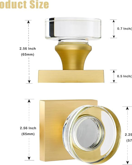 2 Pack Glass Dummy Door Knobs Interior, Crystal Gold Dummy Door Handles Interior for Closet and Hall, Satin Brass
