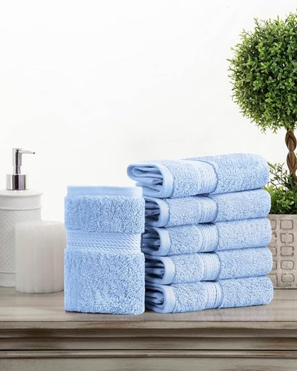 Superior Egyptian Cotton Pile Face Towel/Washcloth Set of 6, Ultra Soft Luxury Towels, Thick Plush Essentials, Absorbent Heavyweight, Guest Bath, Hotel, Spa, Home Bathroom, Shower Basics, Light Blue