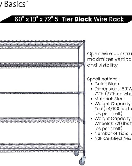 NSF Commercial 5-Tier Wire Shelving with Wheels, 60"x18"x72" Heavy Duty Metal Shelves 4000 lbs Max Capacity, Black Storage Rack for Garage Kitchen Pantry Warehouse