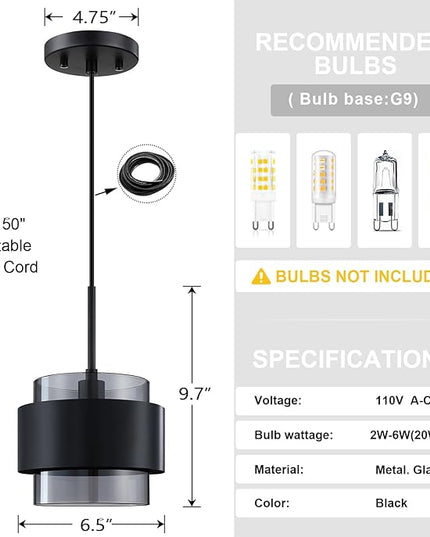 3 Pack 1 Light Hanging Kitchen Island Modern Industrial Farmhouse 6.5" Metal Shade Grey Glass Pendant Light Fixture,Black Finish Over Sink Restaurant bar Corridor