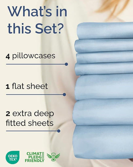 Extra Deep Split King Sheet Set - 7 Piece Breathable and Cooling Sheets - Hotel Luxury Bed Sheets Set - Easy Fit - Soft, Wrinkle Free and Comfy Sheets Set - Sky Blue Sheet Set with Extra Deep Pockets