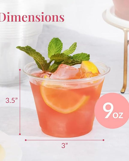 Prestee 50 Pack Plastic Cups - 9 oz Clear Disposable Cups for Cold Beverages, Cocktails, and Desserts - Durable Little Small Cup for Wine, Smoothies, Parties, Events, Catering, and Everyday Gatherings