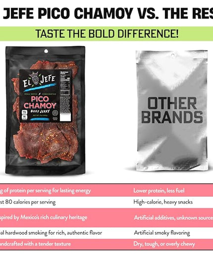 El Jefe Pico Chamoy Beef Jerky - Hand Crafted Small Batch Mexican Style Hispanic Slab Jerky - Bold & Authentic Flavor for Snacking and Entertaining! - 7oz