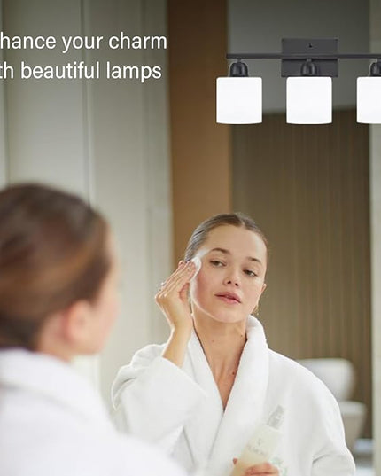 3-Light Bathroom Light Fixtures, Black Bathroom Vanity Lights with Milky White Frosted Glass Shades, Black Vanity Light for Bathroom Mirror, Bedroom, Living Room, Vanity Table, E26 Base
