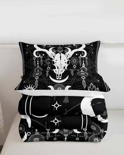Bull Cow Skull Kids Comforter Set Queen Size,Sun Moon Starry Sky Galaxy Trippy Bedding Set,Boys Girls Adults Room Decor,Dreamcatcher Bohemia Down Comforter,Black White Duvet Insert,2 Pillowcases