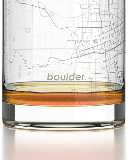 Well Told Engraved Boulder Colorado Map Rocks Glass, Old Fashioned Glassware (11 oz, Clear) Etched Bourbon Tumbler, Gifts For Whiskey Lovers