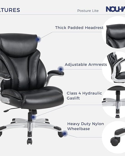 Nouhaus Big and Tall Desk Office Chair with Lumbar Support, High Back PU Leather Ergonomic Office Chair, Executive Desk Chair Computer Chairs with Adjustable Flip-up Armrests (Posture Lite,Black)
