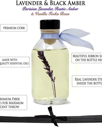 LOVSPA Reed Diffuser Set, Lavender & Black Amber Scented Oil Diffuser with Sticks, Home Fragrance Accessories for Bathroom Shelf Decor, Aroma Diffusers for Home or Office Desk, USA Made
