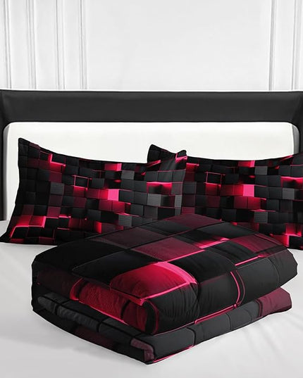Geometric Pink Black Comforter Set,Light Honeycomb 3 Piece Bedding Set Twin Size for Teen Boys,Modern Quilt Set Geometry Decor,Microfiber Lightweight 1 Comforter 2 Pillowcases All Season